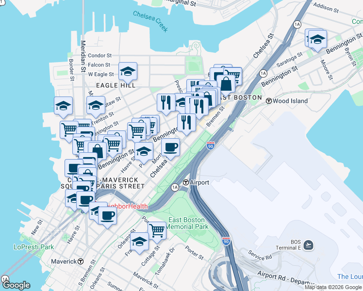 map of restaurants, bars, coffee shops, grocery stores, and more near 277 Chelsea Street in Boston