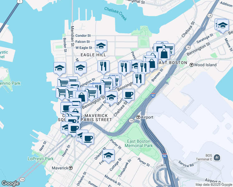 map of restaurants, bars, coffee shops, grocery stores, and more near 303 Paris Street in Boston