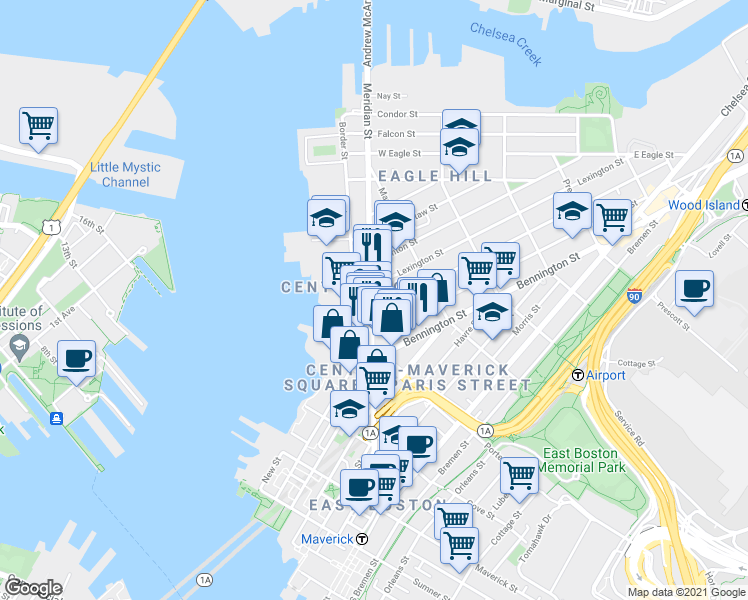 map of restaurants, bars, coffee shops, grocery stores, and more near 13 Princeton Street in Boston