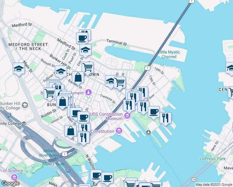 map of restaurants, bars, coffee shops, grocery stores, and more near 7 Moulton Street in Boston
