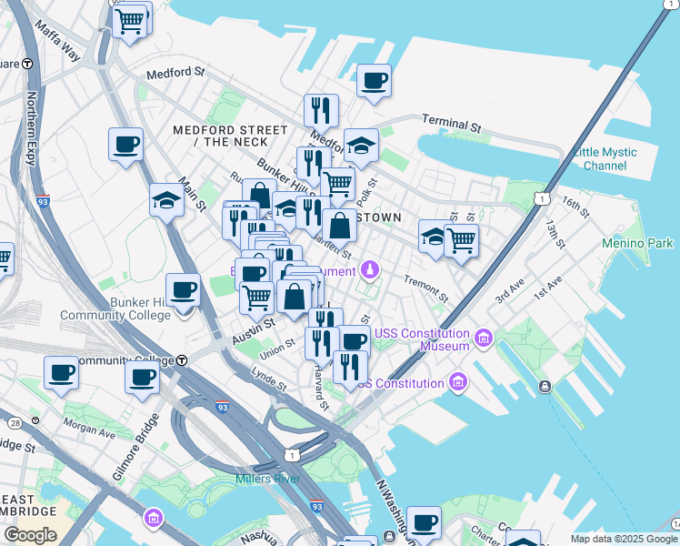 map of restaurants, bars, coffee shops, grocery stores, and more near 5 Cross Street in Boston