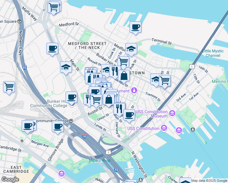 map of restaurants, bars, coffee shops, grocery stores, and more near 27 Wood Street in Boston