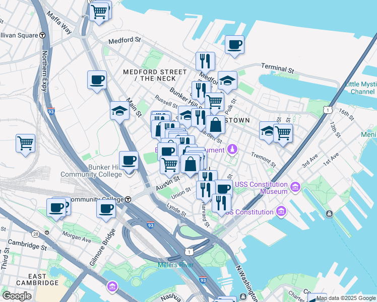 map of restaurants, bars, coffee shops, grocery stores, and more near 27 Wood Street in Boston
