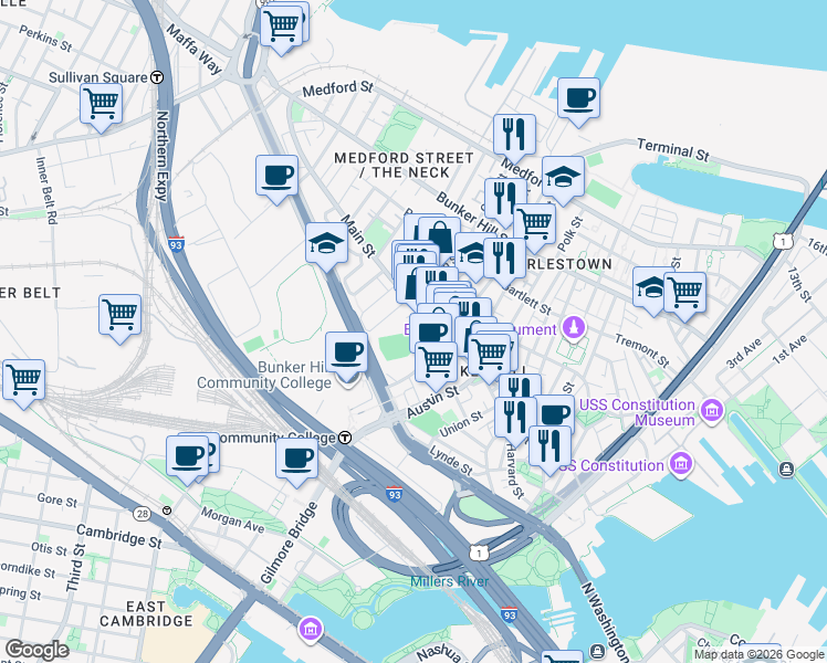 map of restaurants, bars, coffee shops, grocery stores, and more near 77 Lawrence Street in Boston