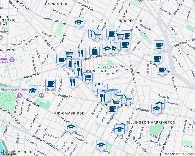 map of restaurants, bars, coffee shops, grocery stores, and more near 10 Wyatt Circle in Somerville