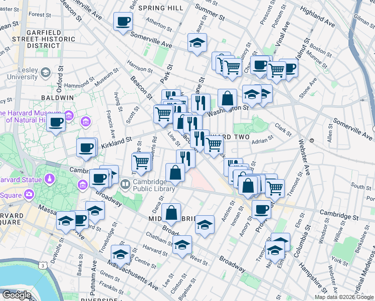 map of restaurants, bars, coffee shops, grocery stores, and more near 59 Magnolia Avenue in Cambridge