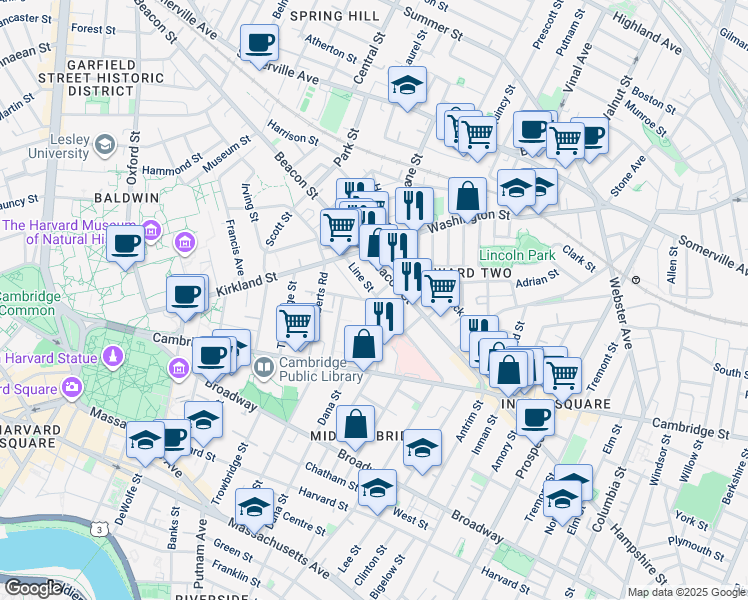 map of restaurants, bars, coffee shops, grocery stores, and more near 59 Magnolia Avenue in Cambridge
