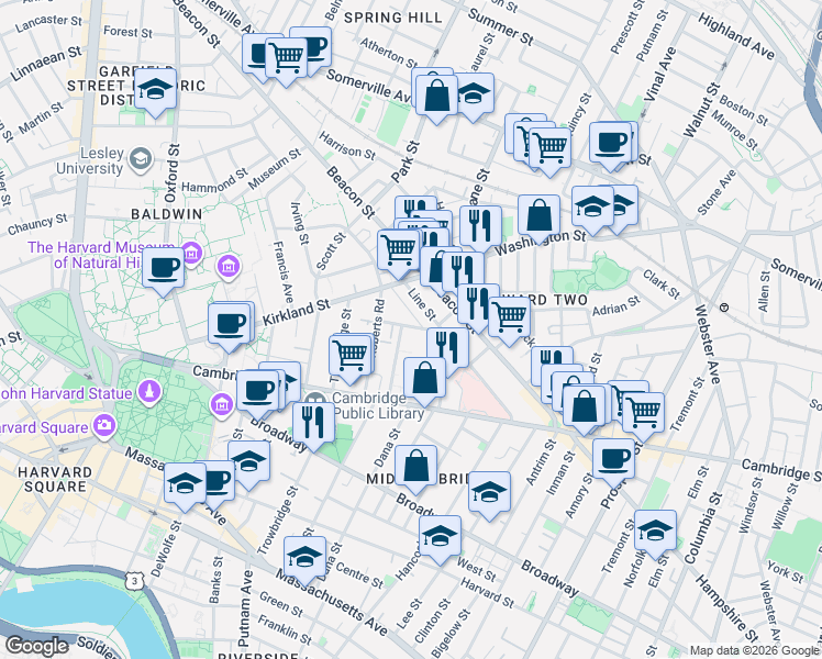 map of restaurants, bars, coffee shops, grocery stores, and more near 4 Lamont Avenue in Cambridge