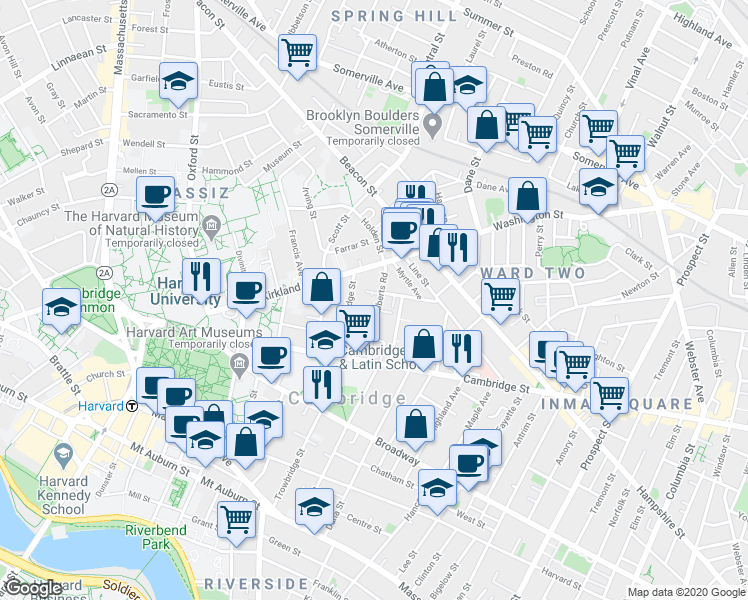 map of restaurants, bars, coffee shops, grocery stores, and more near 23 Roberts Road in Cambridge