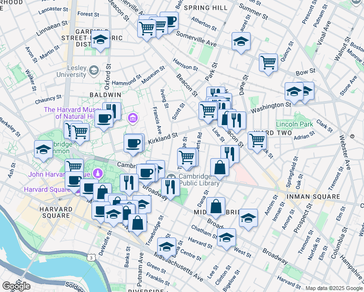 map of restaurants, bars, coffee shops, grocery stores, and more near 40 Irving Street in Cambridge