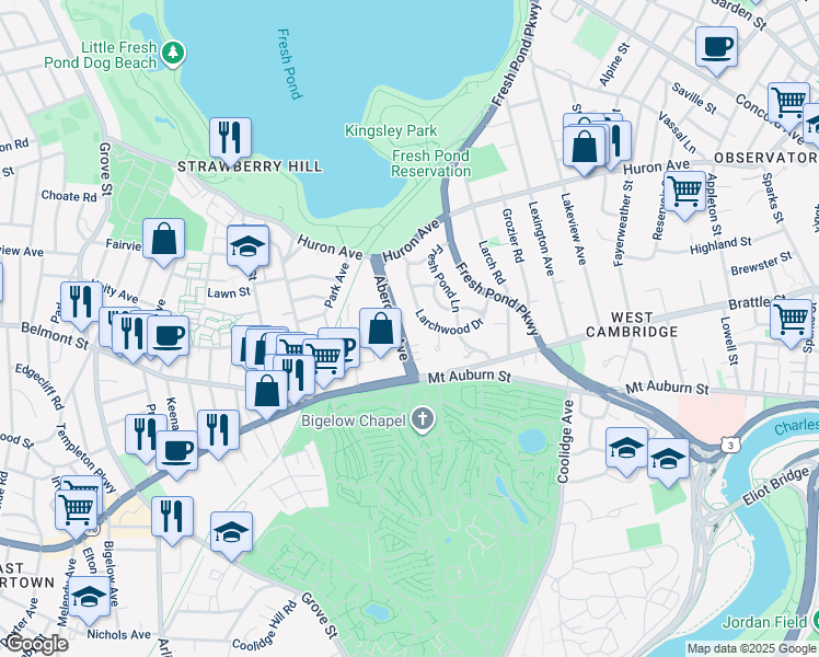 map of restaurants, bars, coffee shops, grocery stores, and more near 44 Aberdeen Avenue in Cambridge