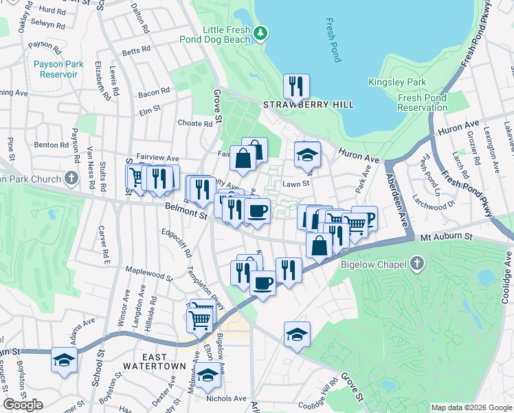 map of restaurants, bars, coffee shops, grocery stores, and more near 24 Exeter Street in Belmont