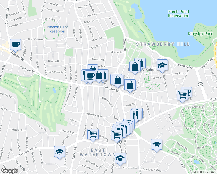 map of restaurants, bars, coffee shops, grocery stores, and more near 220 Belmont Street in Watertown