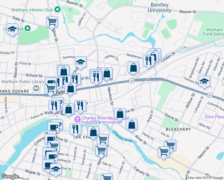 map of restaurants, bars, coffee shops, grocery stores, and more near 16 Newton Street in Waltham