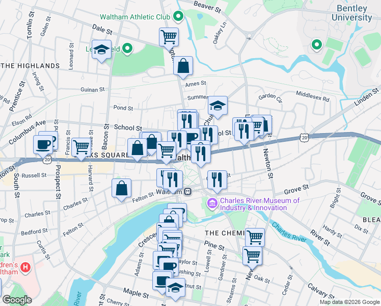 map of restaurants, bars, coffee shops, grocery stores, and more near in Waltham