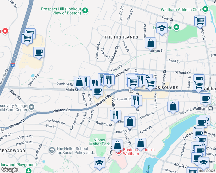 map of restaurants, bars, coffee shops, grocery stores, and more near 987 Main Street in Waltham