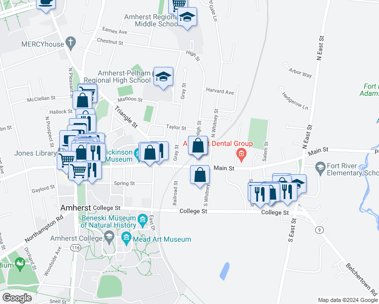map of restaurants, bars, coffee shops, grocery stores, and more near 22 High Street in Amherst