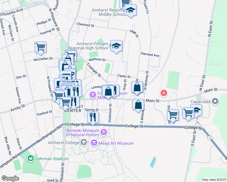 map of restaurants, bars, coffee shops, grocery stores, and more near 35 Triangle Street in Amherst