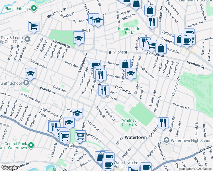 map of restaurants, bars, coffee shops, grocery stores, and more near 230 Orchard Street in Watertown