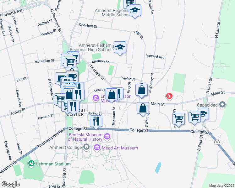 map of restaurants, bars, coffee shops, grocery stores, and more near 35 Triangle Street in Amherst