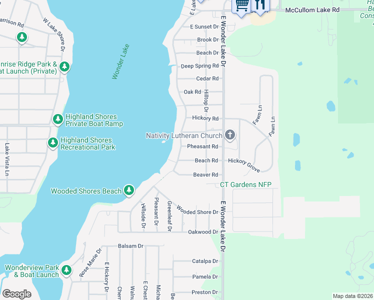 map of restaurants, bars, coffee shops, grocery stores, and more near 3420 East Lake Shore Drive in Wonder Lake