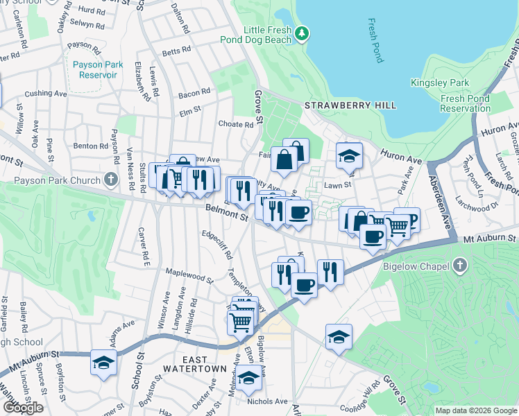 map of restaurants, bars, coffee shops, grocery stores, and more near 7 Grove Street in Belmont