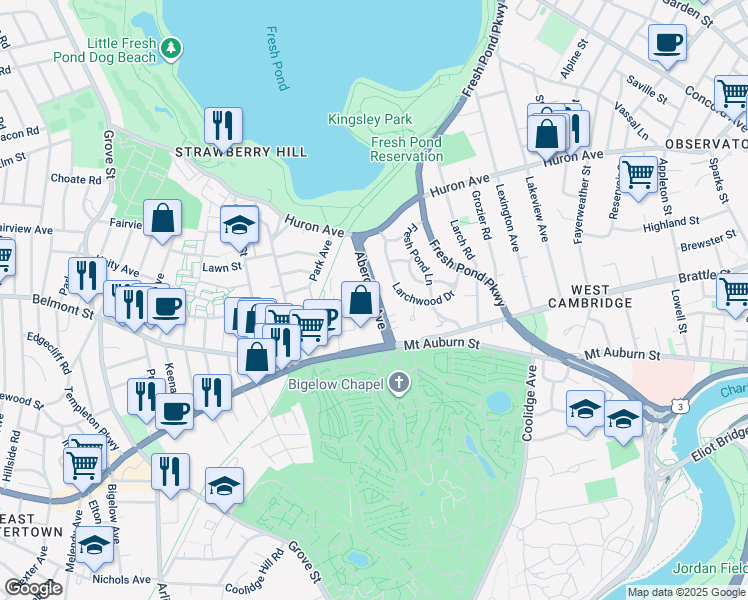 map of restaurants, bars, coffee shops, grocery stores, and more near 56 Aberdeen Avenue in Cambridge