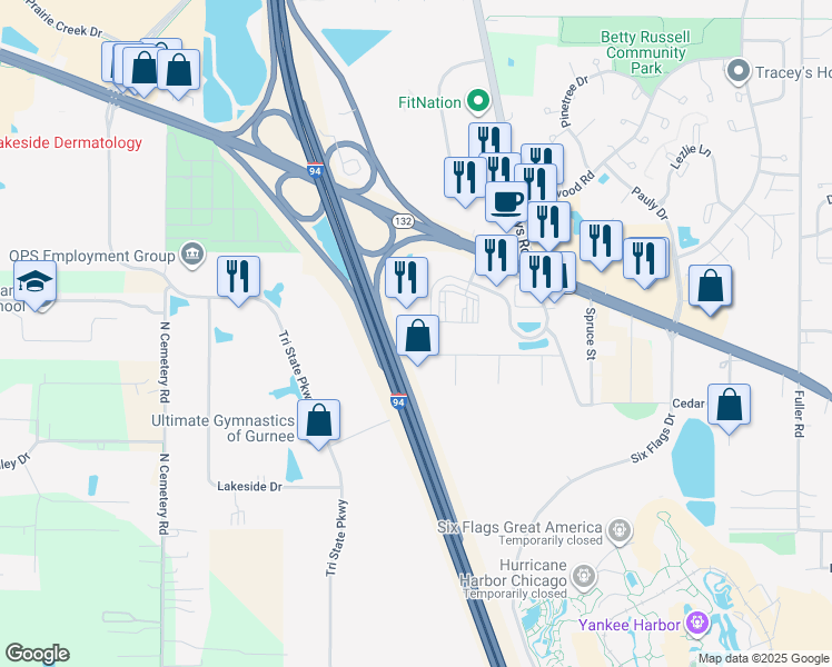 map of restaurants, bars, coffee shops, grocery stores, and more near 5724 Northridge Drive in Gurnee