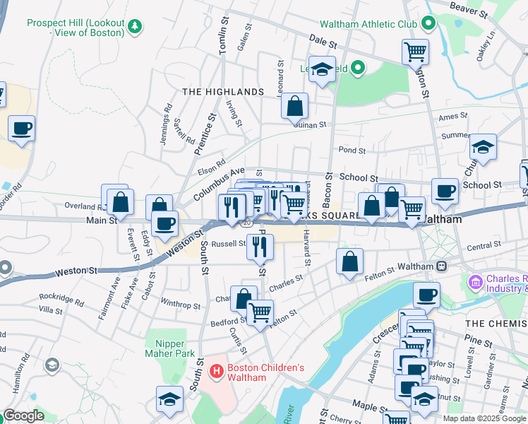 map of restaurants, bars, coffee shops, grocery stores, and more near 11 Hammond Street in Waltham
