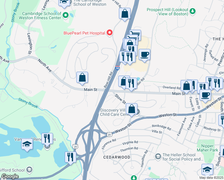 map of restaurants, bars, coffee shops, grocery stores, and more near 1265 Main Street in Waltham