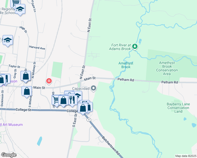 map of restaurants, bars, coffee shops, grocery stores, and more near 823 Main Street in Amherst