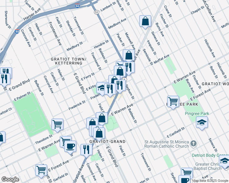 map of restaurants, bars, coffee shops, grocery stores, and more near 7644 Gratiot Avenue in Detroit