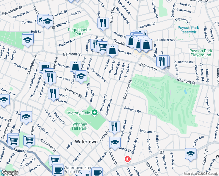map of restaurants, bars, coffee shops, grocery stores, and more near 76 Bradford Road in Watertown