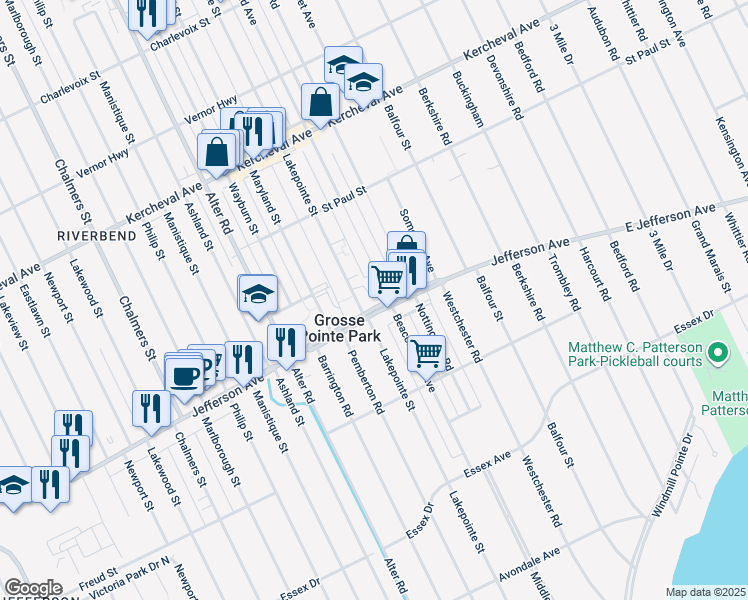 map of restaurants, bars, coffee shops, grocery stores, and more near 36 Pointe Park Place in Grosse Pointe Park