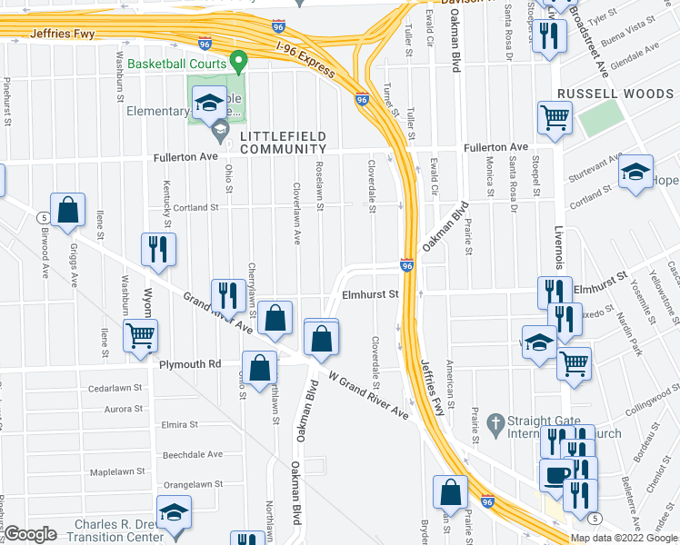 map of restaurants, bars, coffee shops, grocery stores, and more near 3962 Oakman Boulevard in Detroit