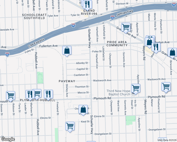 map of restaurants, bars, coffee shops, grocery stores, and more near 12140 Schaefer Highway in Detroit