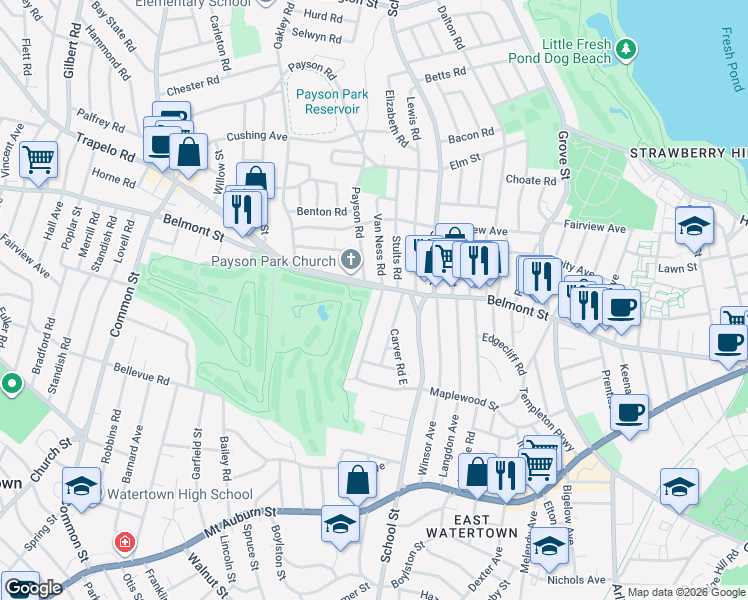 map of restaurants, bars, coffee shops, grocery stores, and more near 21 Commonwealth Road in Watertown
