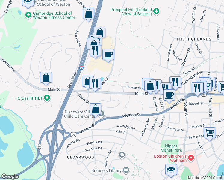 map of restaurants, bars, coffee shops, grocery stores, and more near 1186 Main Street in Waltham