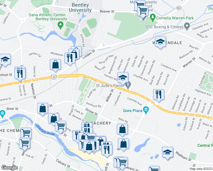 map of restaurants, bars, coffee shops, grocery stores, and more near 228 Main Street in Waltham