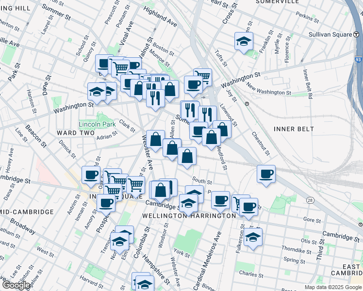 map of restaurants, bars, coffee shops, grocery stores, and more near 35 Merriam Street in Somerville