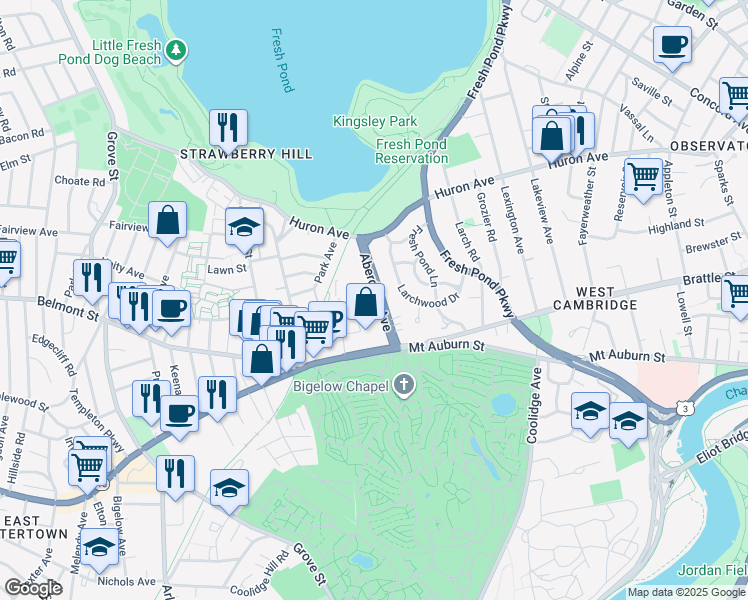 map of restaurants, bars, coffee shops, grocery stores, and more near 56 Aberdeen Avenue in Cambridge
