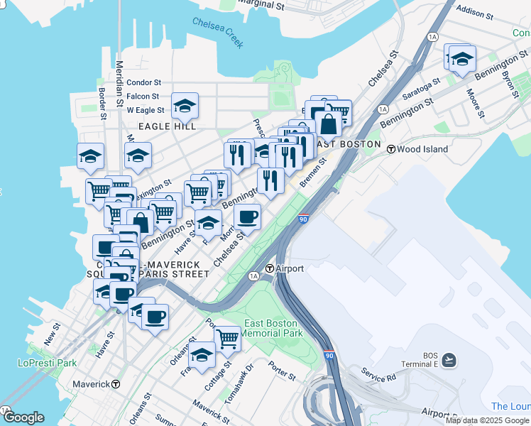map of restaurants, bars, coffee shops, grocery stores, and more near 277 Chelsea Street in Boston