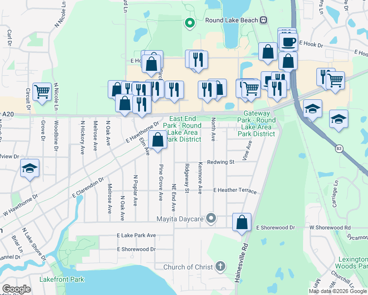 map of restaurants, bars, coffee shops, grocery stores, and more near 1522 Ridgeway Street in Round Lake Beach