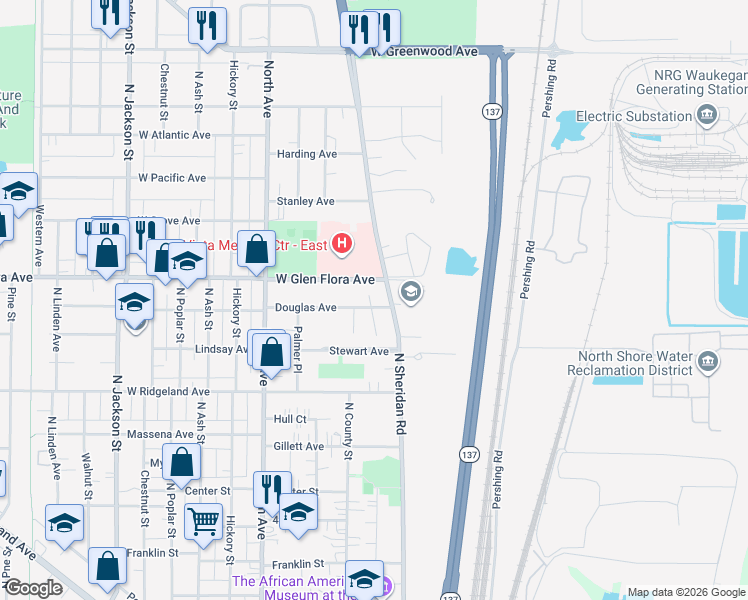 map of restaurants, bars, coffee shops, grocery stores, and more near 214 Douglas Avenue in Waukegan