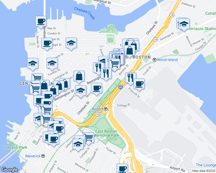 map of restaurants, bars, coffee shops, grocery stores, and more near 198 Putnam Street in Boston