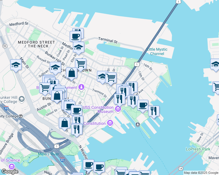 map of restaurants, bars, coffee shops, grocery stores, and more near 7 Moulton Street in Boston
