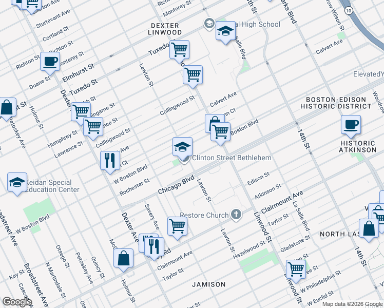 map of restaurants, bars, coffee shops, grocery stores, and more near 2715 Rochester Street in Detroit