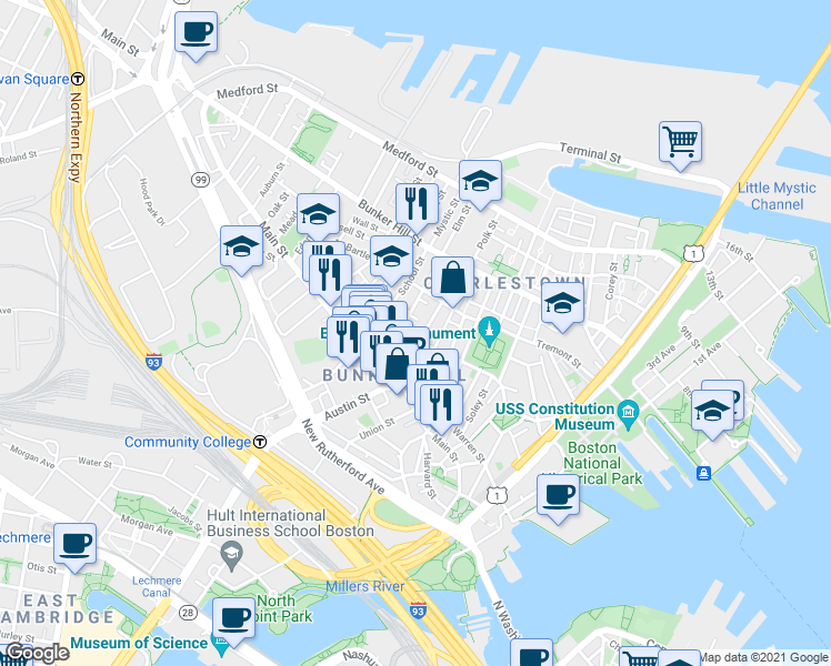 map of restaurants, bars, coffee shops, grocery stores, and more near 27 Wood Street in Boston