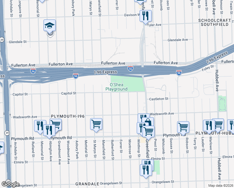 map of restaurants, bars, coffee shops, grocery stores, and more near 12122 Rutherford Street in Detroit