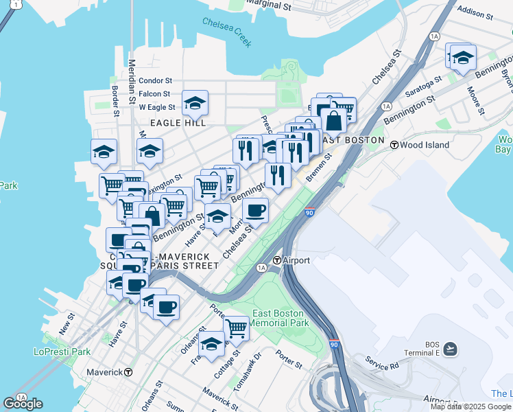 map of restaurants, bars, coffee shops, grocery stores, and more near 277 Chelsea Street in Boston